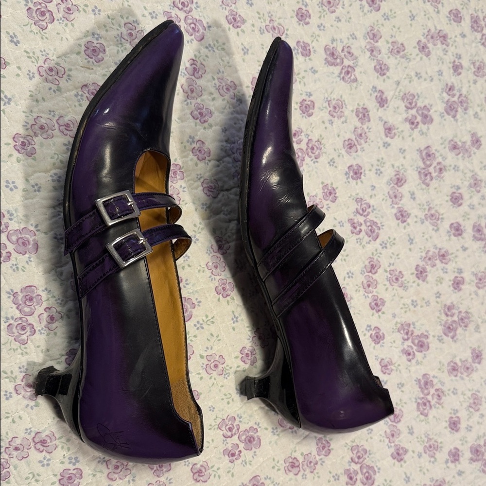 John Fluevog Black and Purple Two-Strap Pointed Pumps - Picture 4 of 6